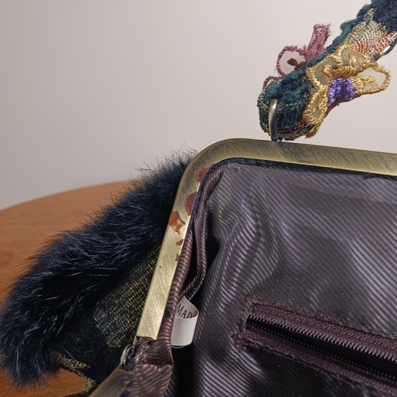 Vintage Nicole Lee Shoulder Bag Tapestry Faux Fur Boho Black - Picture 13 of 15